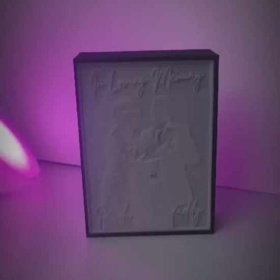 A beautifully illuminated Memorial Memory Box displaying a cherished photo and personalized text. The soft glow enhances the details of the image, creating a heartfelt tribute. Perfect for remembrance, this elegant light-up keepsake adds warmth and comfort to any space.