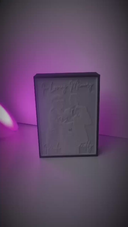 A beautifully illuminated Memorial Memory Box displaying a cherished photo and personalized text. The soft glow enhances the details of the image, creating a heartfelt tribute. Perfect for remembrance, this elegant light-up keepsake adds warmth and comfort to any space.